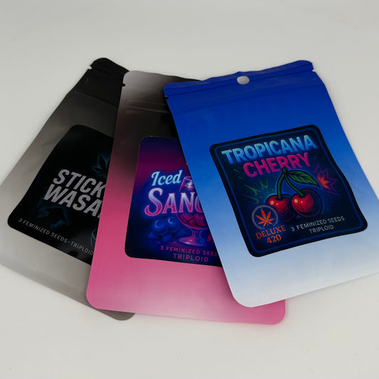 tropicana cherry, iced sangria und sticky wasabi seedpacks gefächert